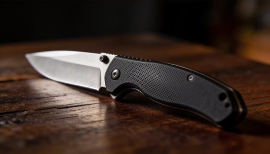 Klappmesser mit texturiertem schwarzen G10-Griff auf Holztisch