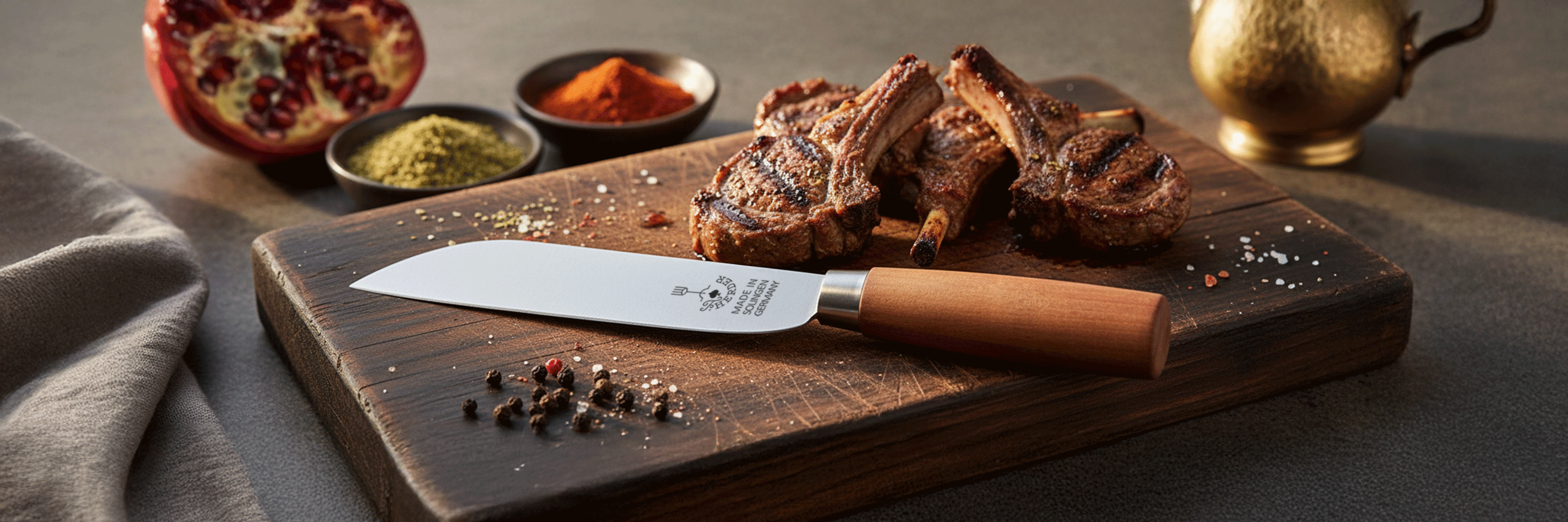 Boschermesser aus Solingen auf Holzbrett neben gegrilltem Lammfleisch und arabischen Gewürzen, hochwertiger Carbonstahl mit Holzgriff, warmes Licht.
