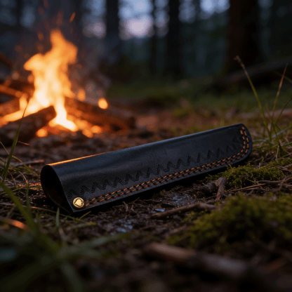 Schwarze Lederscheide als hochwertige Lederhülle und Messerverpackung, stimmungsvoll im Wald vor einem Lagerfeuer fotografiert.