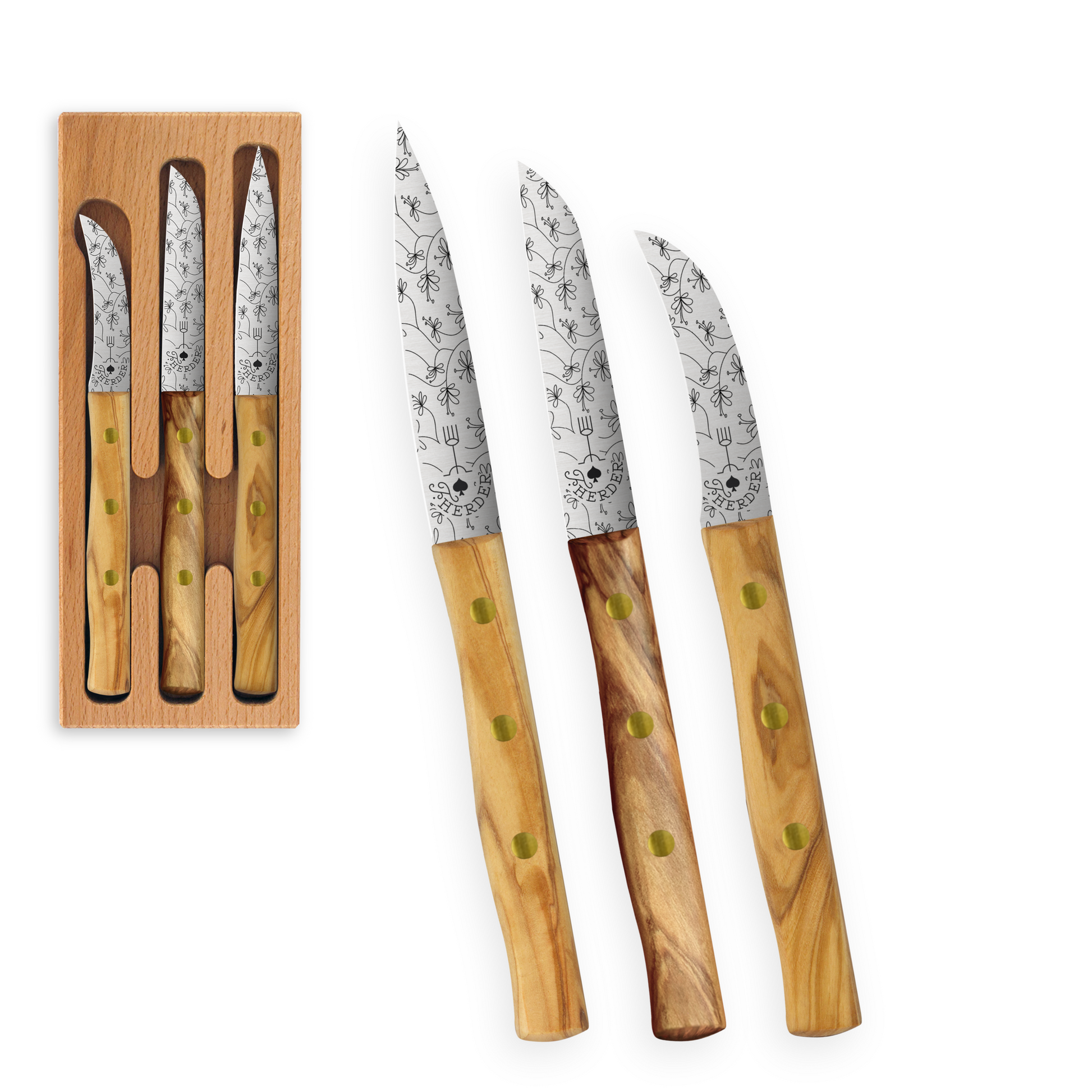 Zöppken Style 3er-Set rostfrei mit Olivenholzgriff und Rankengravur