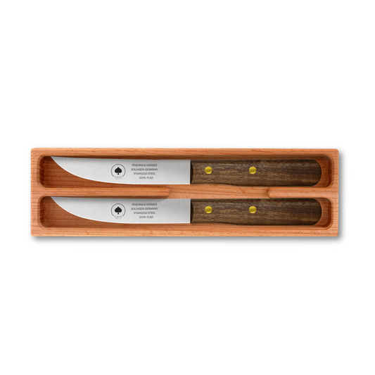 Zwei hochwertige Steakmesser mit Holzgriff und rostfreier Klinge im edlen Holzetui – Solingen Qualität für Grill und Dinner
