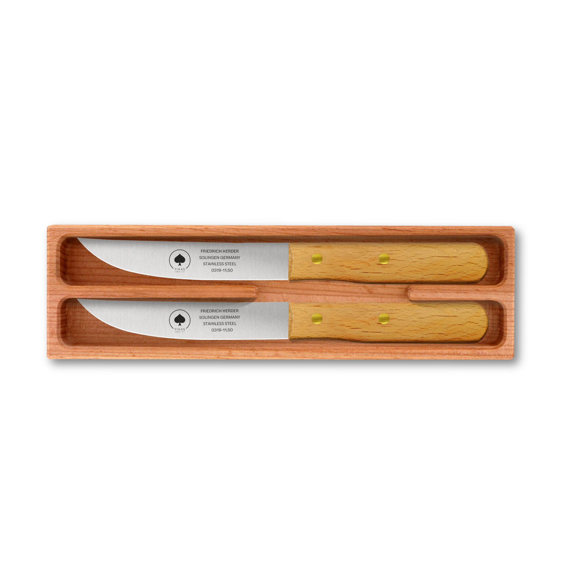 Zwei hochwertige Steakmesser mit Holzgriff und rostfreier Klinge im edlen Holzetui – Solingen Qualität für Grill und Dinner, Buchenholzgriff