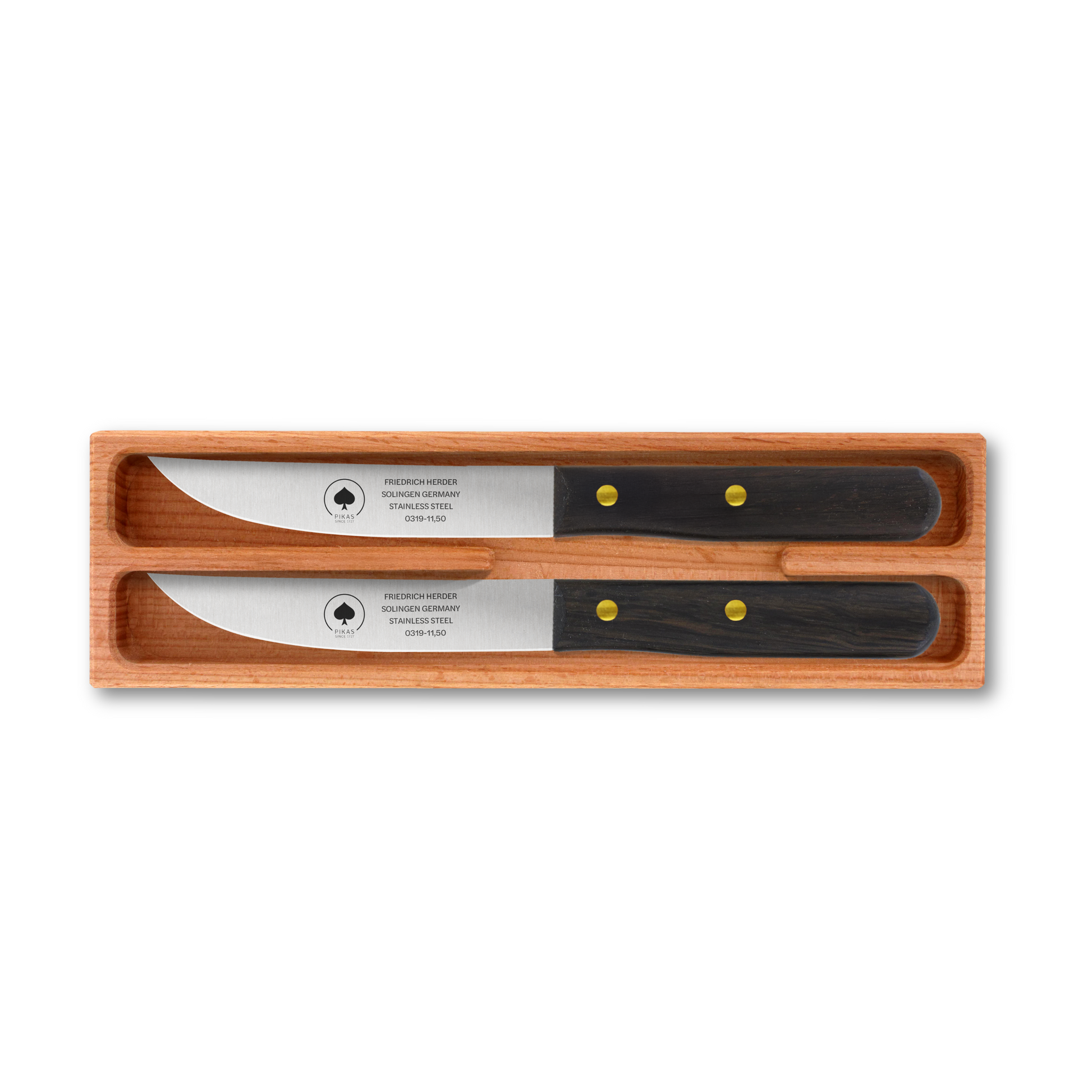 Zwei hochwertige Steakmesser mit Holzgriff und rostfreier Klinge im edlen Holzetui – Solingen Qualität für Grill und Dinner, Mooreichengriff