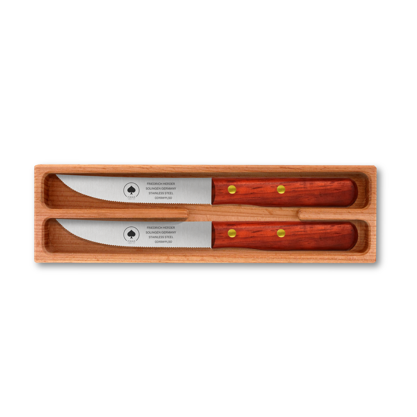 Zwei hochwertige Steakmesser mit Holzgriff und rostfreier Klinge im edlen Holzetui – Solingen Qualität für Grill und Dinner