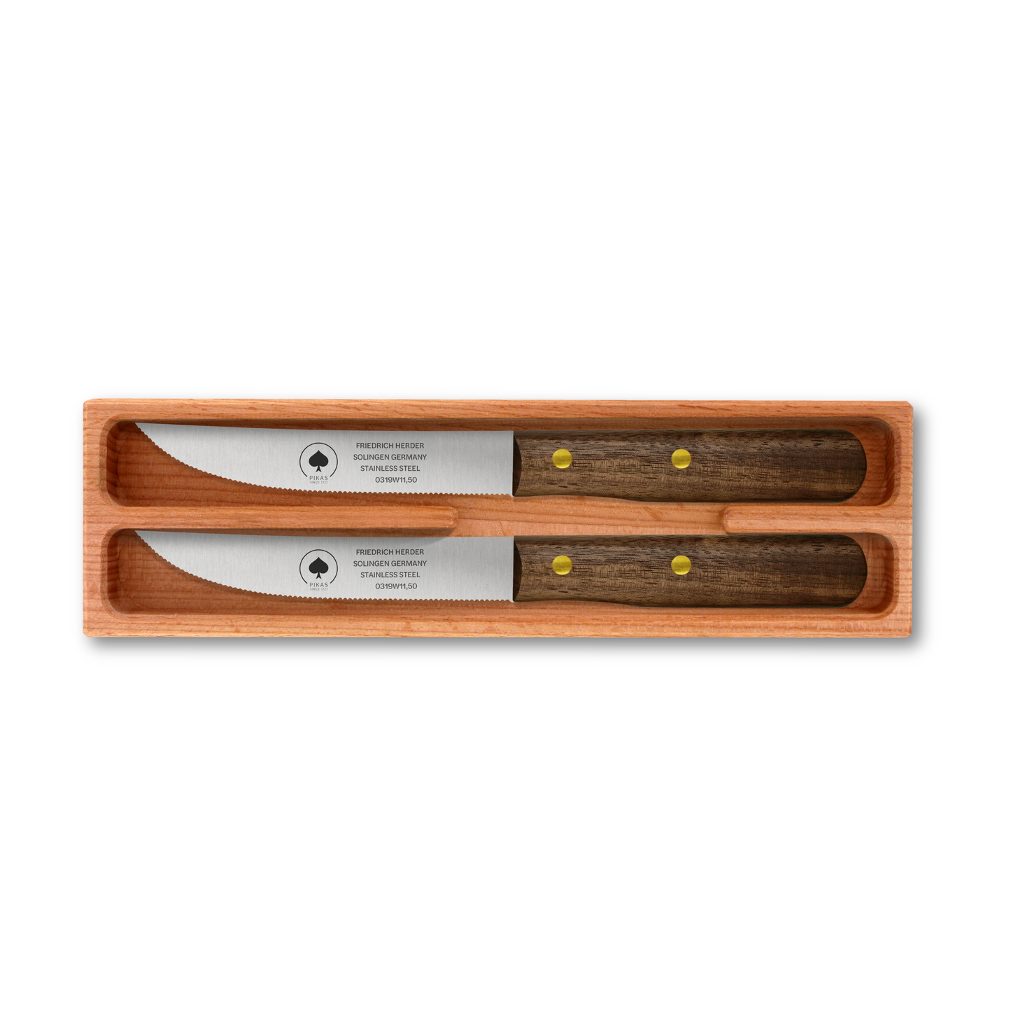 Zwei hochwertige Steakmesser mit Holzgriff und rostfreier Klinge im edlen Holzetui – Solingen Qualität für Grill und Dinner