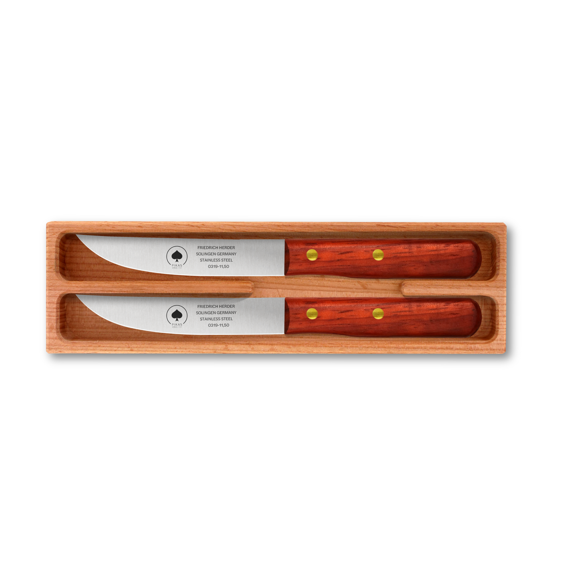 Zwei hochwertige Steakmesser mit Holzgriff und rostfreier Klinge im edlen Holzetui – Solingen Qualität für Grill und Dinner, Padoukgriff