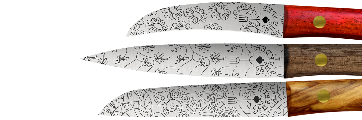 Gemüsemesser und Schälmesser aus Solingen mit dekorativer Lasergravur, verschiedene Klingenformen und Holzgriffen – traditionelles Solinger Messerdesign.
