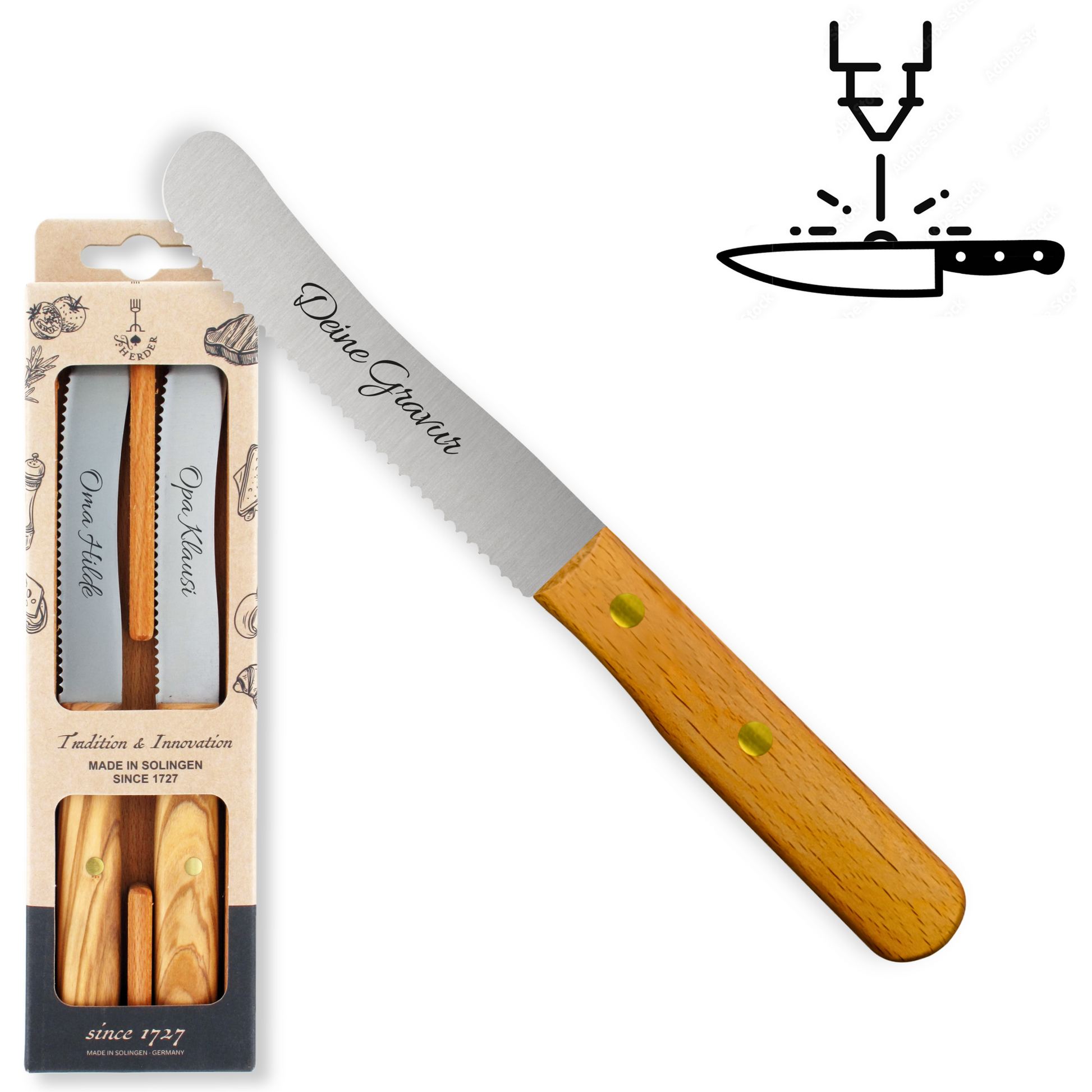 Buckelsmesser / Frühstücksmesser 2er Set - Eigene Gravur mit Buchenholzgriff, Wellenschliff aus Solingen
