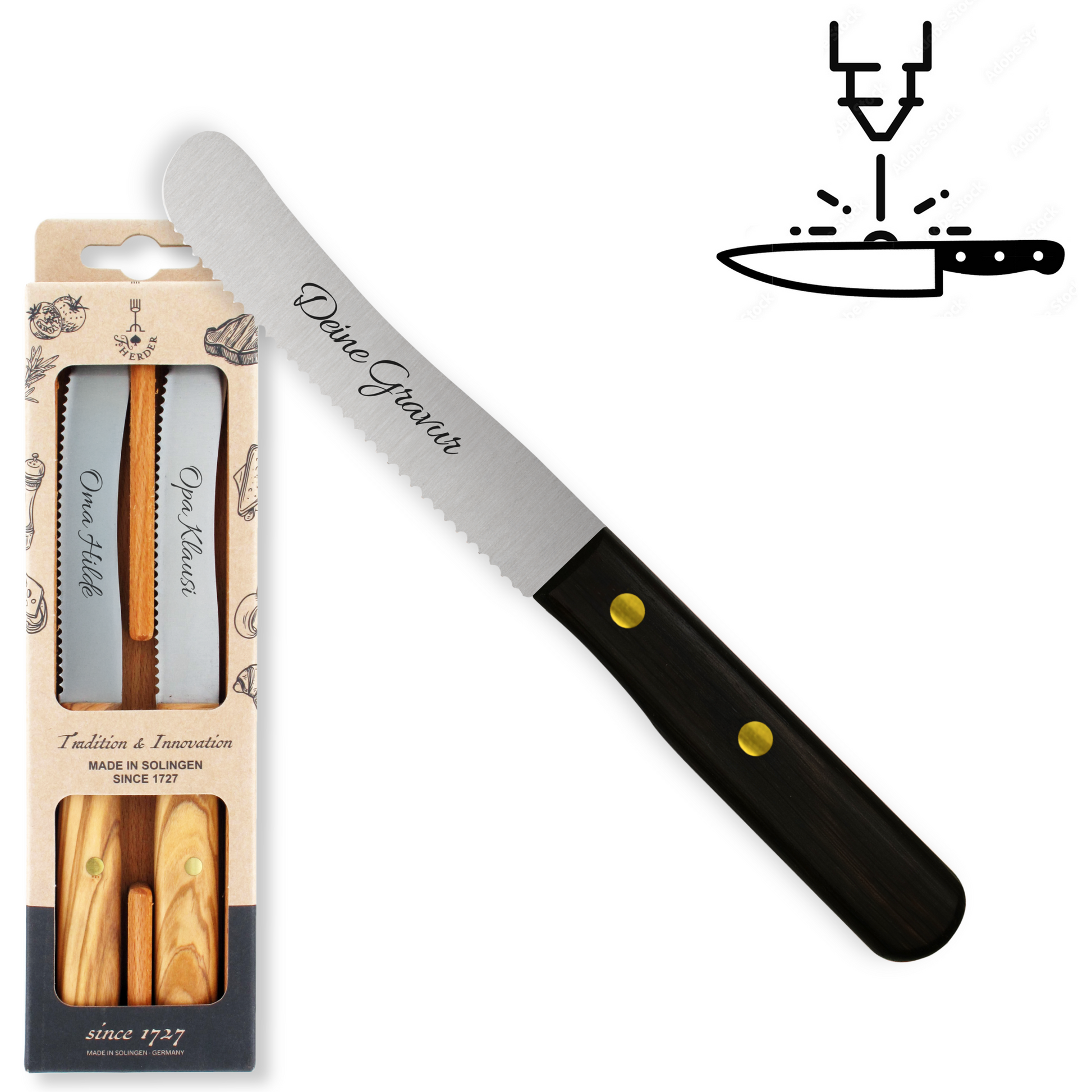 Buckelsmesser / Frühstücksmesser 2er Set - Eigene Gravur mit Mooreichengriff, Wellenschliff aus Solingen