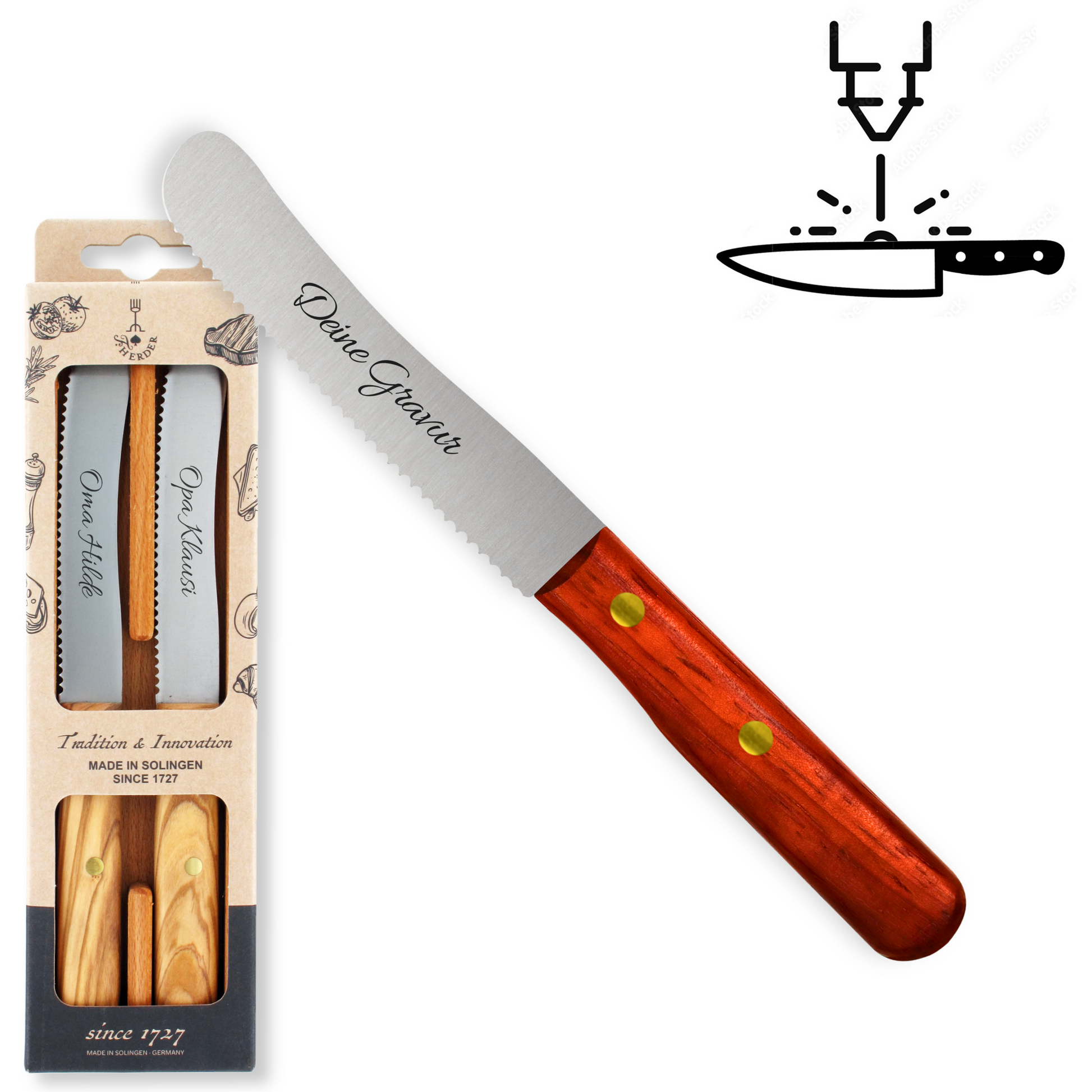 Buckelsmesser / Frühstücksmesser 2er Set - Eigene Gravur mit Padoukgriff, Wellenschliff aus Solingen