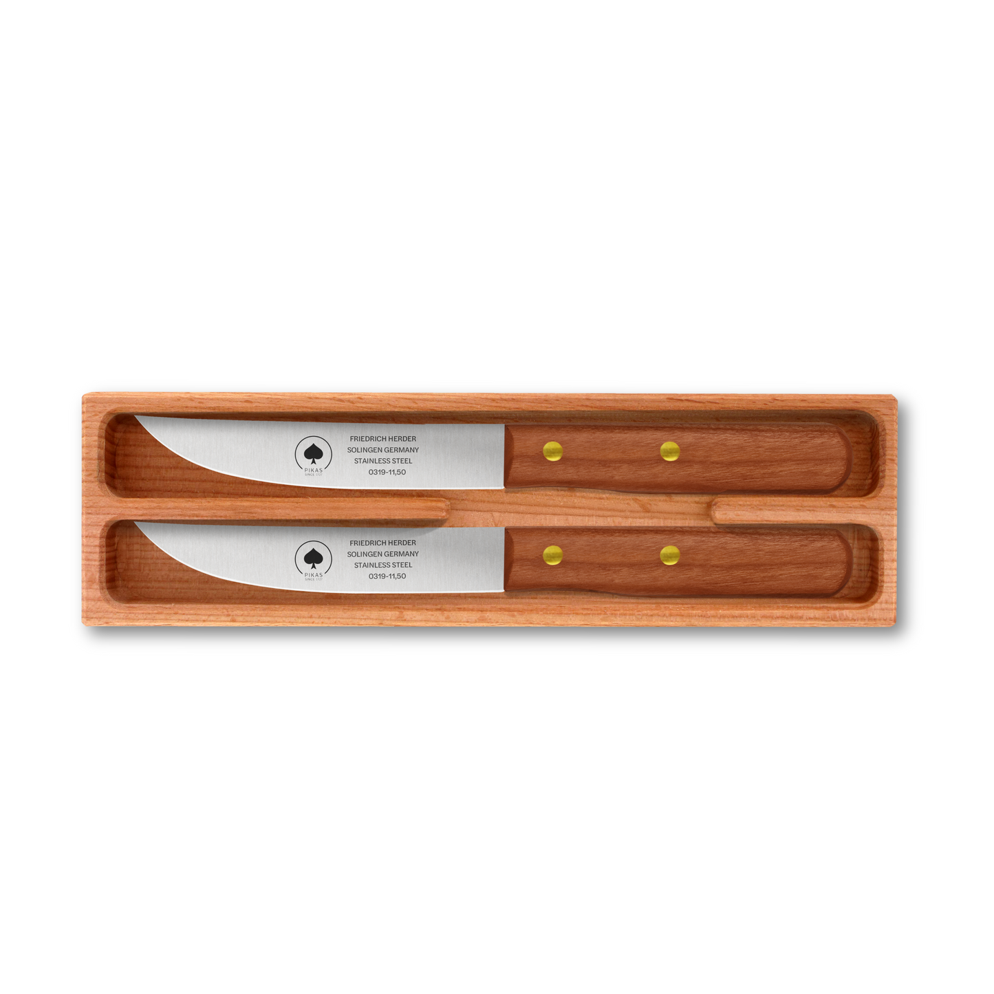 Zwei hochwertige Steakmesser mit Holzgriff und rostfreier Klinge im edlen Holzetui – Solingen Qualität für Grill und Dinner